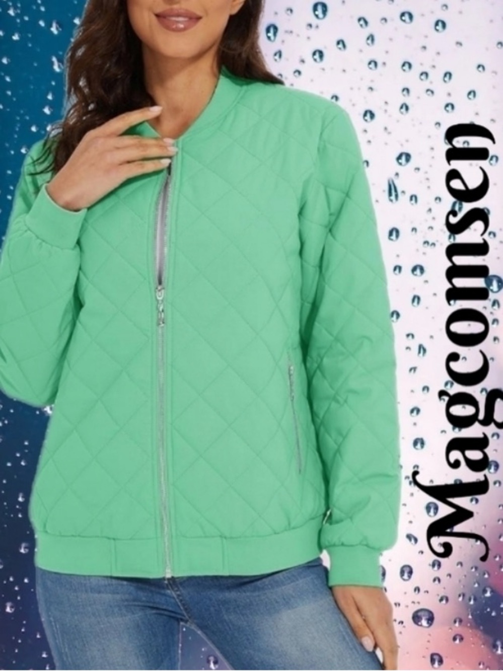 Magcomsen Jacket Womens Sz M Green Mint Quilted Bomber Windbreaker Lightweight